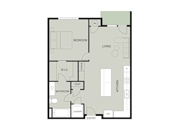 A floor plan of a house with a bedroom, living room, kitchen, bathroom, laundry, and entry.
