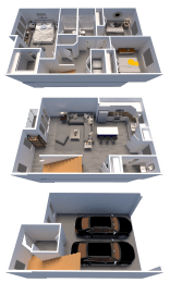 a 3d rendering of a house and a floor plan with a car
