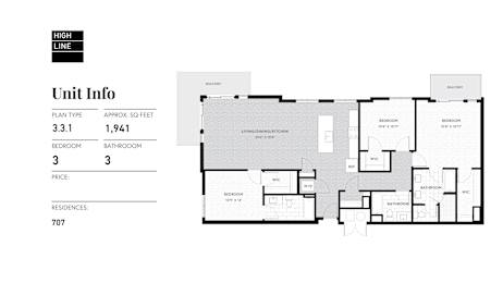 A floor plan for a high line unit with 3 bedrooms and 3 bathrooms.