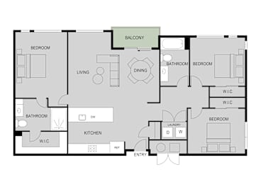 A floor plan of a house with a balcony and a living room.