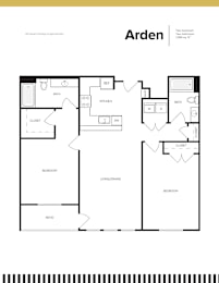 A black and white image of a floor plan for a two bedroom, one bath apartment.