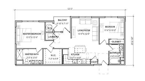 A floor plan of a house with labeled rooms and dimensions.
