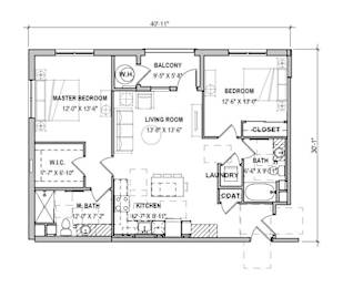 A floor plan of a house with a balcony, two bedrooms, a living room, a kitchen, a laundry area, and a closet.