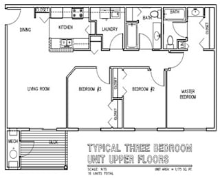 A drawing of a typical three bedroom unit with upper floors.