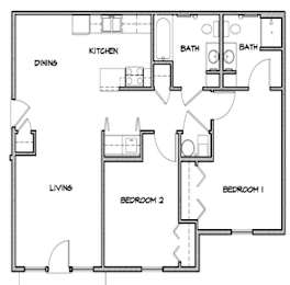 A floor plan of a house with two bedrooms, a living room, a kitchen, and two bathrooms.