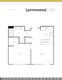 A floor plan of a one bedroom apartment with a living room, kitchen, bathroom, and closet.