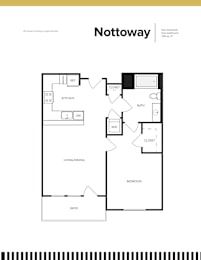 A black and white image of a floor plan for a one-bedroom apartment.