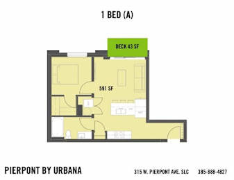 A floor plan for a 1 bed apartment at Pierpont by Urbana.