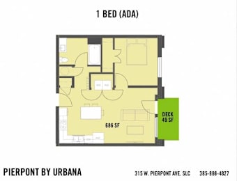 A floor plan for a 1 bedroom apartment at Pierpont by Urbana.