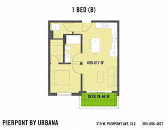 A floor plan for a 1 bedroom apartment at Pierpont by Urbana.