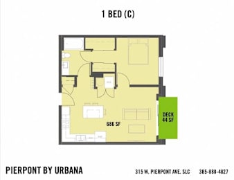 A floor plan for a 1 bedroom apartment at Pierpont by Urbana.