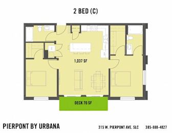 A floor plan for a 2 bedroom condo is shown with a highlighted deck area.