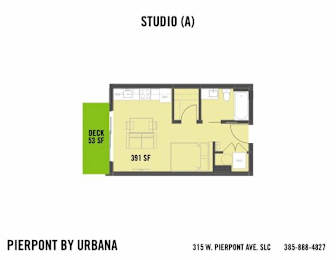 A floor plan for a studio apartment sized 391 square feet.