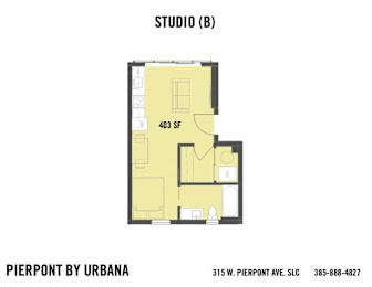 A floor plan for a studio apartment at Pierpont by Urbana.