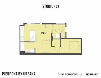 A floor plan for a studio apartment sized 578 square feet.