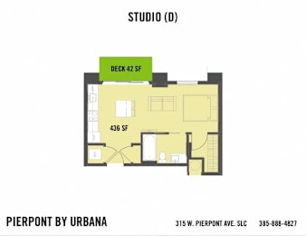 A floor plan for a studio apartment with a deck.