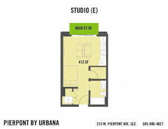 A floor plan for a studio apartment by Pierpont by Urbana.