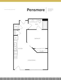 A floor plan of a one-bedroom apartment with a living/dining area, kitchen, bathroom, and closet.