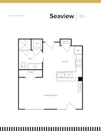 A black and white image of a Seaview studio apartment floor plan.