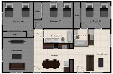 A floor plan of an apartment with three bedrooms, two living rooms, a kitchen, and two bathrooms.