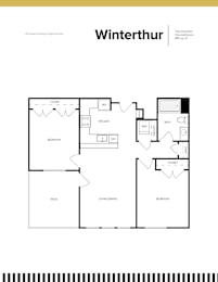 A floor plan of a Winterthur apartment with two bedrooms and a living area.