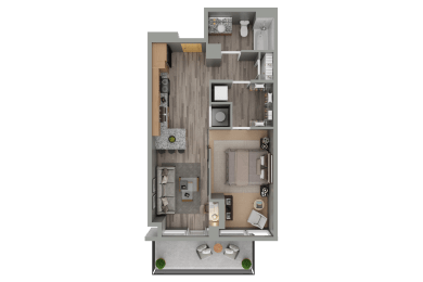 a floor plan of a house with a bedroom and a kitchen