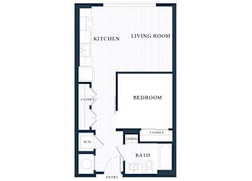 A floor plan of a house with a kitchen, living room, two closets, a bath, a bedroom, and an entry.