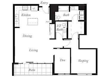 A18 - 1 Bed -1 and a half Bath - 1019 Sq Ft - 2D - Willow Apartments