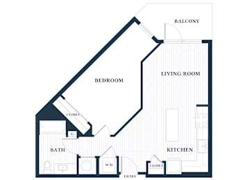A floor plan of a house with a living room, kitchen, bedroom, bathroom and closets.