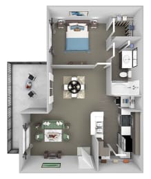 Lodge at Cypresswood - A1 - 1 bedroom - 1 bath - 3D floor plan