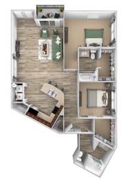 ABQ Uptown Apartments - B10 (1) - 2 bedroom and 2 bath - 3D floor plan