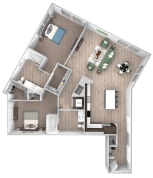 Floor Plan  La Via - B12 - 2 bedroom 2 bath - 3D floor plan