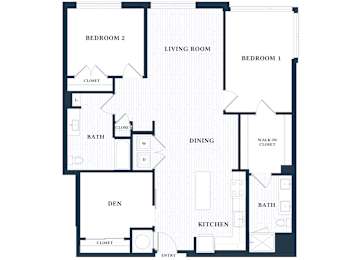 A floor plan of a house with two bedrooms, a living room, a dining area, a kitchen, a bathroom, a den, and an entry point.