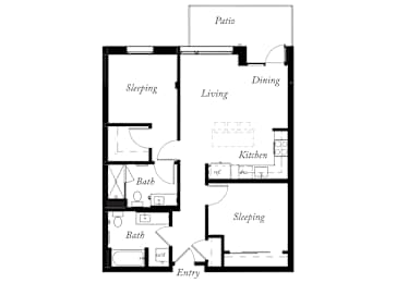 B2 - 2 Bed - 2 Bath - 927 Sq Ft - 2D - Willow Apartments