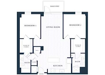 A floor plan of a house with two bedrooms, a living room, a kitchen, two bathrooms, and a balcony.