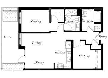 B5 - 2 Bed - 2 Bath - 947 Sq Ft - 2D - Willow Apartments
