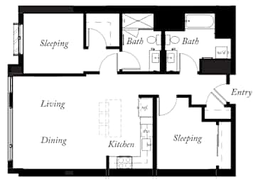 B9 - 2 Bed - 2 Bath - 972 Sq Ft - 2D - Willow Apartments