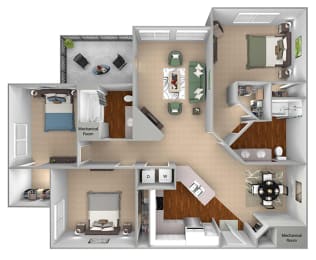 Mountain Shadows Apartments - C1 (Corsica) - 3 Bedroom and 2 bath - 3D Floor plan