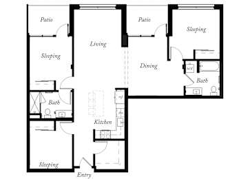 C1 - 3 Bed - 2 Bath - 1371 Sq Ft - 2D - Willow Apartments
