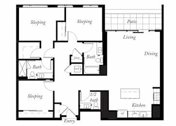 C3 - 3 Bed - 2 and a half Bath - 1467 Sq Ft - 2D - Willow Apartments