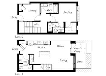 D2 - 2 Bed - 2 and a half Bath - Duplex - 1509 Sq Ft - 2D - Willow Apartments