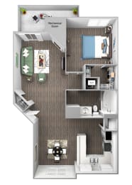 The Cascades Apartments - Rainier - 3D floor plan - 1 bed 1 bath