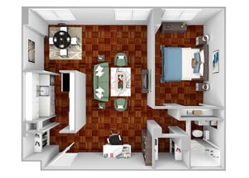A2 floor plan 1 bedroom 1 bathroom 3D