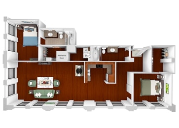 Main 3 Downtown floor plan B2 Landmark  - 2 bed 2 bath - 3D