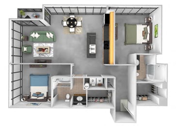 Main 3 Downtown floor plan B1 Tower  - 2 bed 2 bath - 3D