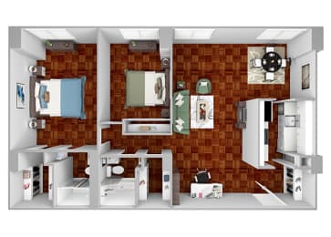 B2 floor plan 2 bedrooms 2 bathrooms 3D