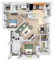Cordillera Ranch Apartments floor plan B3 (Carilla) - 2 bed 2 bath - 3D