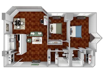 B4 floor plan 2 bedrooms 2 bathrooms 3D
