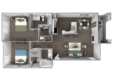 The Cascades Apartments - Shasta 3D floor - plan 2 bed 2 bath