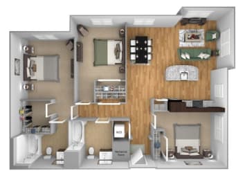 Urban Green Apartments C1 floor plan - 3 bed 2 bath - 3D